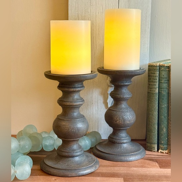 World Market Set/2 Sm Nolan Pillar Holder, Wood, Gray, 7” - Picture 4 of 5